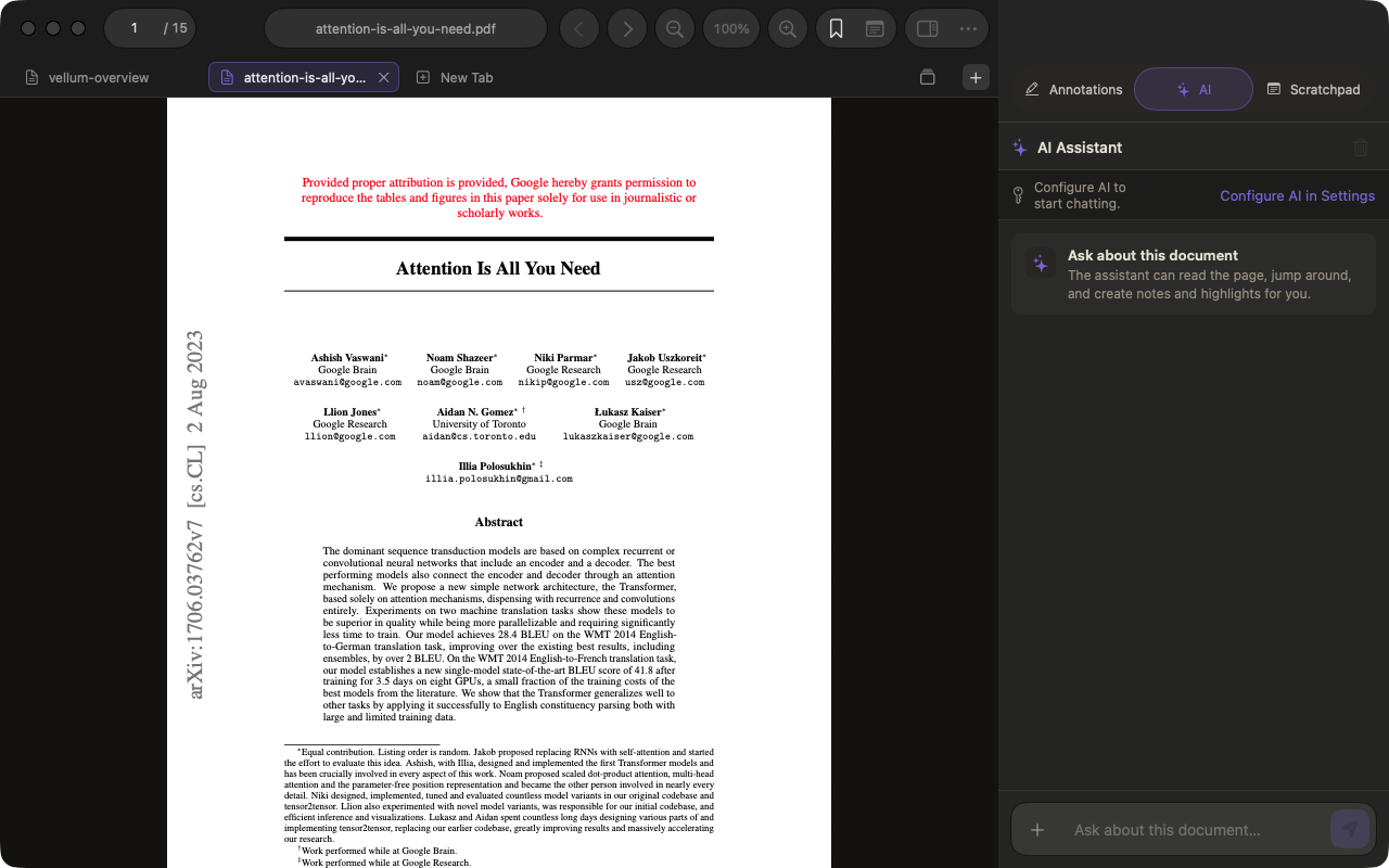 A research paper open in Vellum beside the optional AI assistant