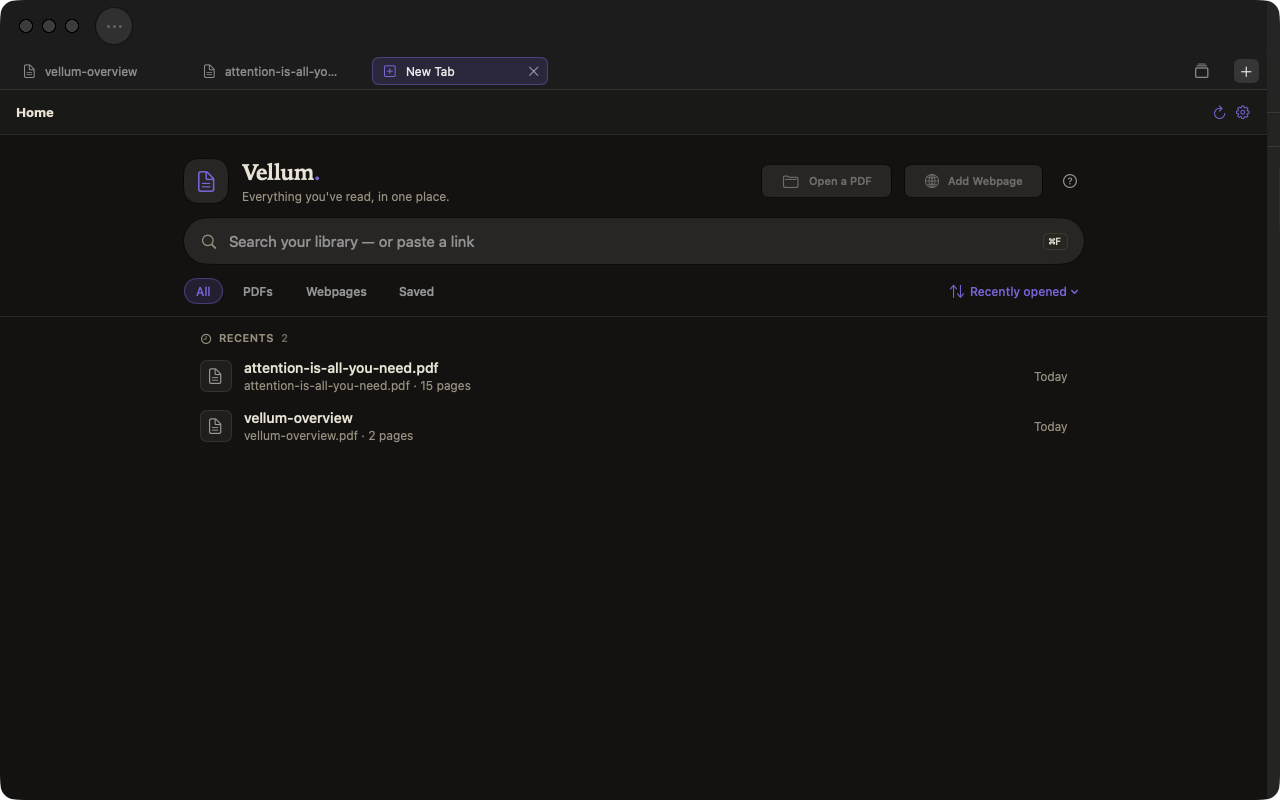 Vellum's library with PDF and webpage entry points