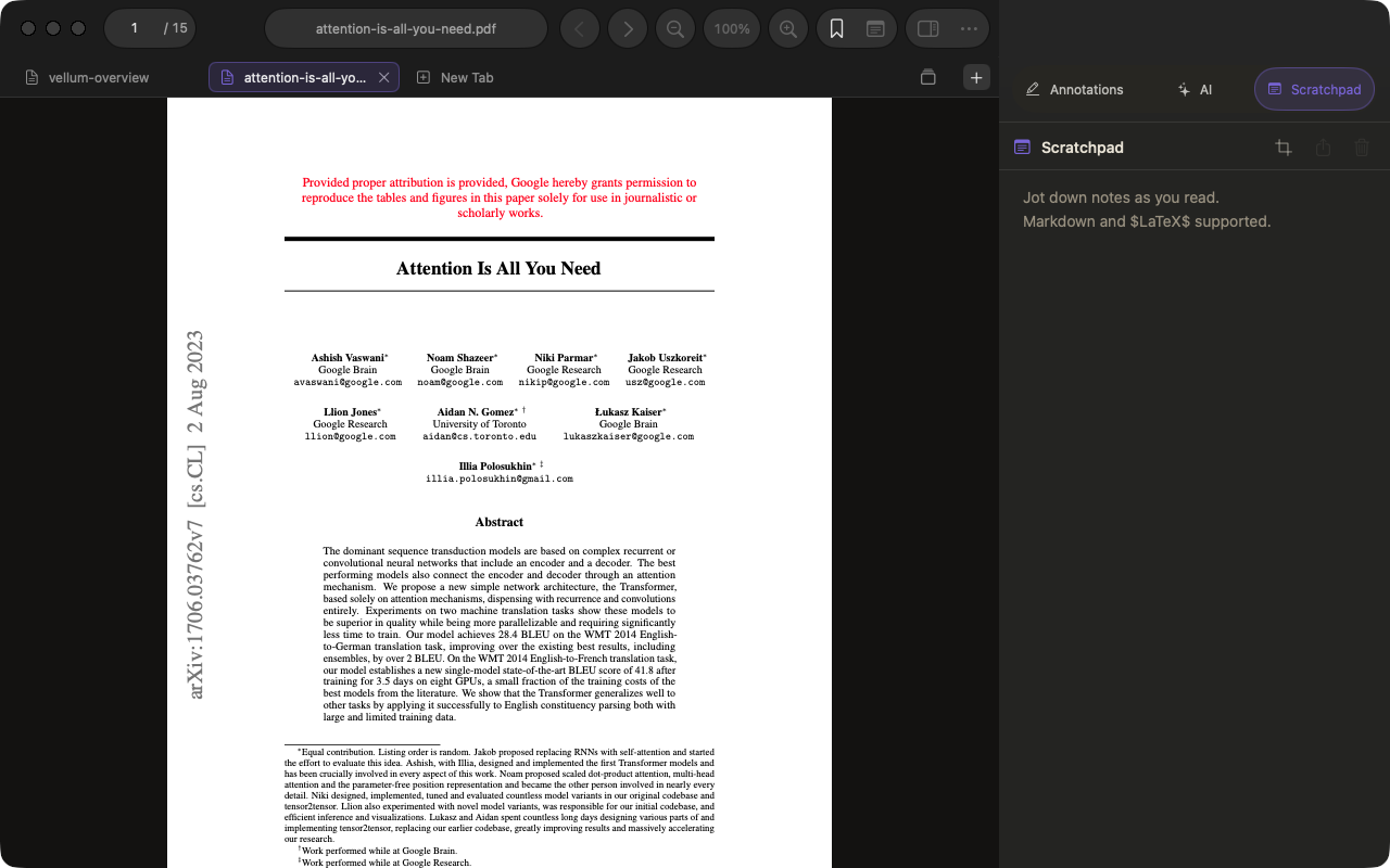 A research paper open beside its per-document Scratchpad in Vellum